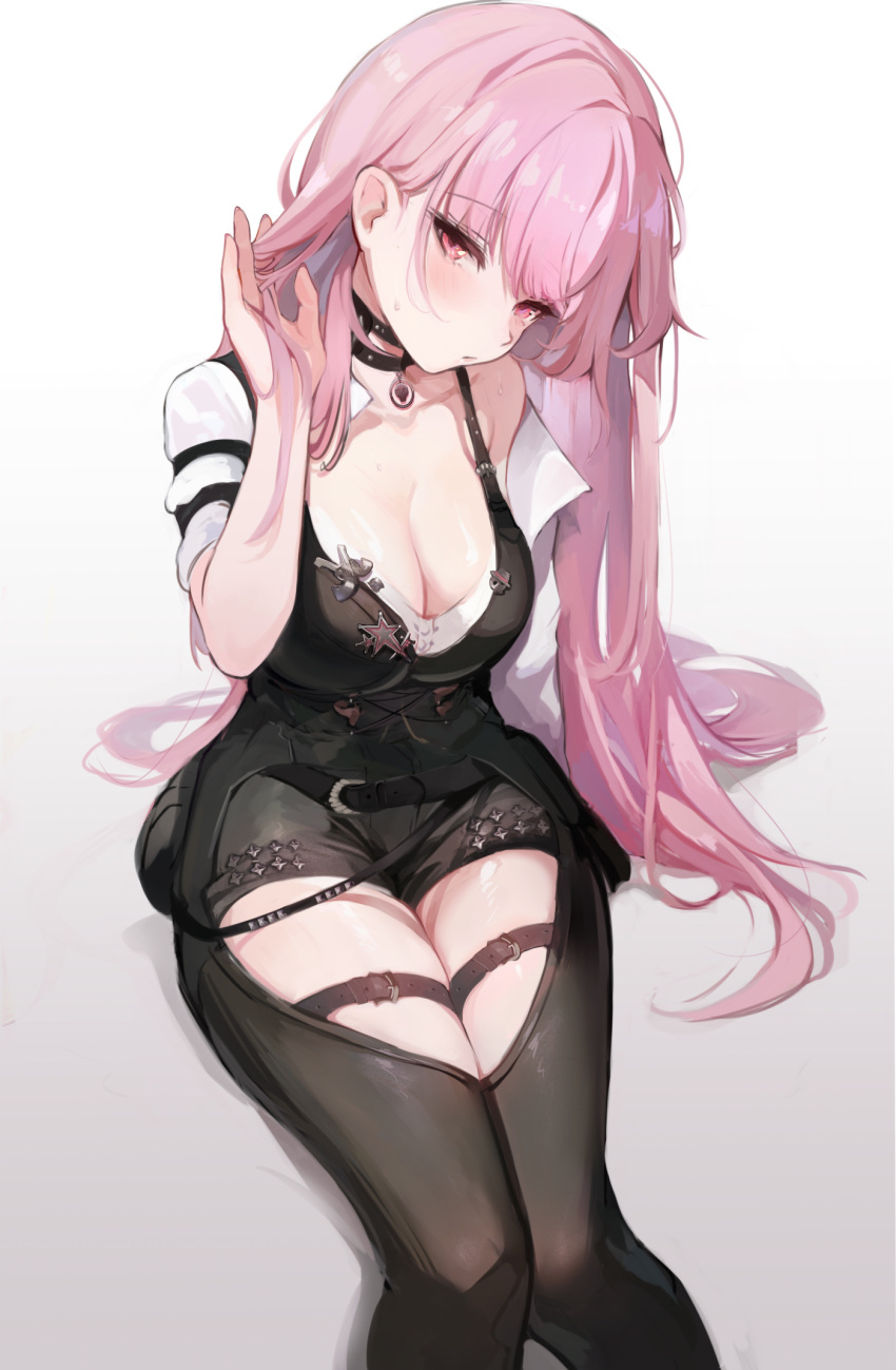 1girl belt black_choker blush breasts choker cleavage collarbone dress hand_in_own_hair highres hololive hololive_english koahri large_breasts long_hair looking_at_viewer mori_calliope multiple_girls pink_eyes pink_hair short_shorts short_sleeves shorts simple_background sitting solo sweat thigh_strap virtual_youtuber white_background