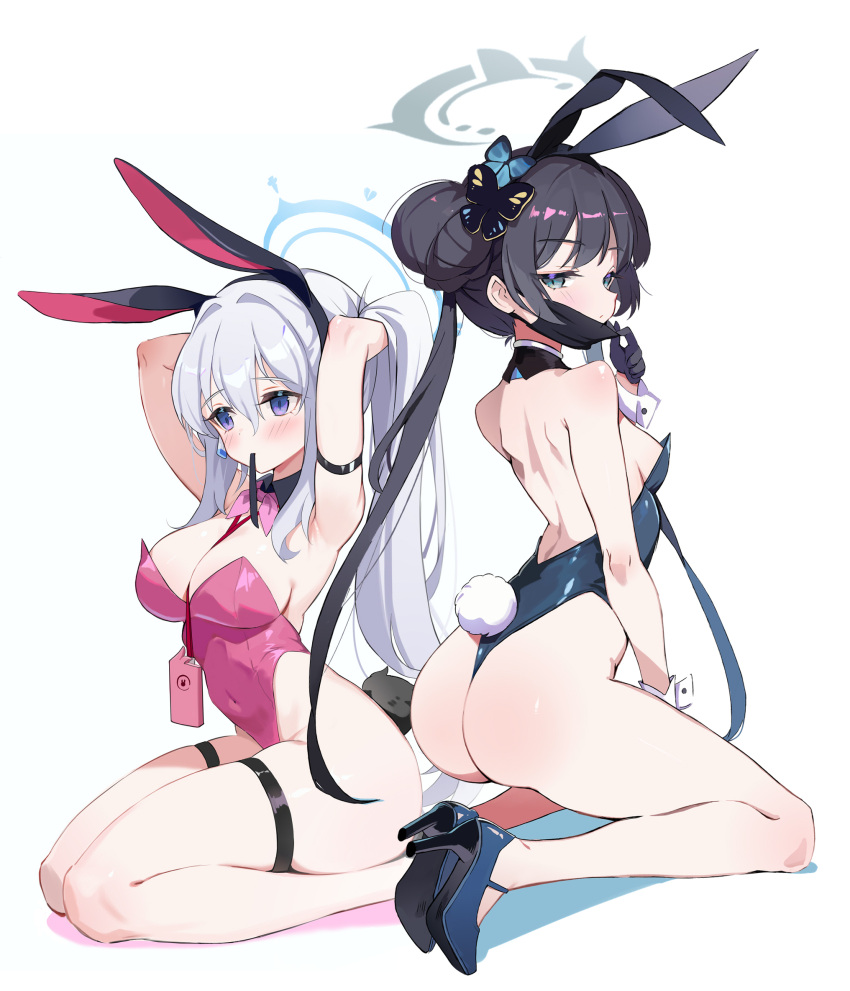 2girls alternate_costume animal_ears armpits arms_behind_head arms_up ass back backless_leotard bare_legs bare_shoulders black_gloves black_hair black_hairband blue_archive blue_eyes blue_halo blue_leotard bow bowtie breasts butterfly_hair_ornament closed_mouth commentary covered_navel detached_collar expressionless fake_animal_ears fake_tail from_side full_body gloves grey_hair hair_bun hair_ornament hairband halo high_heels highleg highleg_leotard highres id_card kisaki_(blue_archive) kneeling large_breasts leotard long_hair looking_at_viewer looking_to_the_side mask mask_pull miyako_(blue_archive) multiple_girls pink_leotard playboy_bunny pulled_by_self purple_eyes rabbit_ears rabbit_tail sideboob simple_background strapless strapless_leotard tail thigh_strap tunoko98 twintails very_long_hair white_background wrist_cuffs