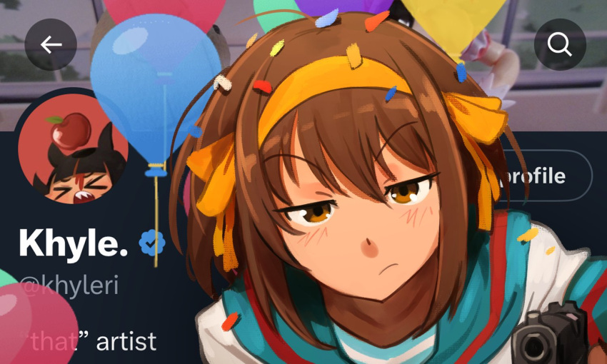 1girl aiming aiming_at_viewer balloon blush brown_eyes brown_hair confetti gun hairband holding holding_gun holding_weapon khyle. looking_at_viewer suzumiya_haruhi suzumiya_haruhi_no_yuuutsu twitter twitter_verified_checkmark v-shaped_eyebrows weapon yellow_hairband