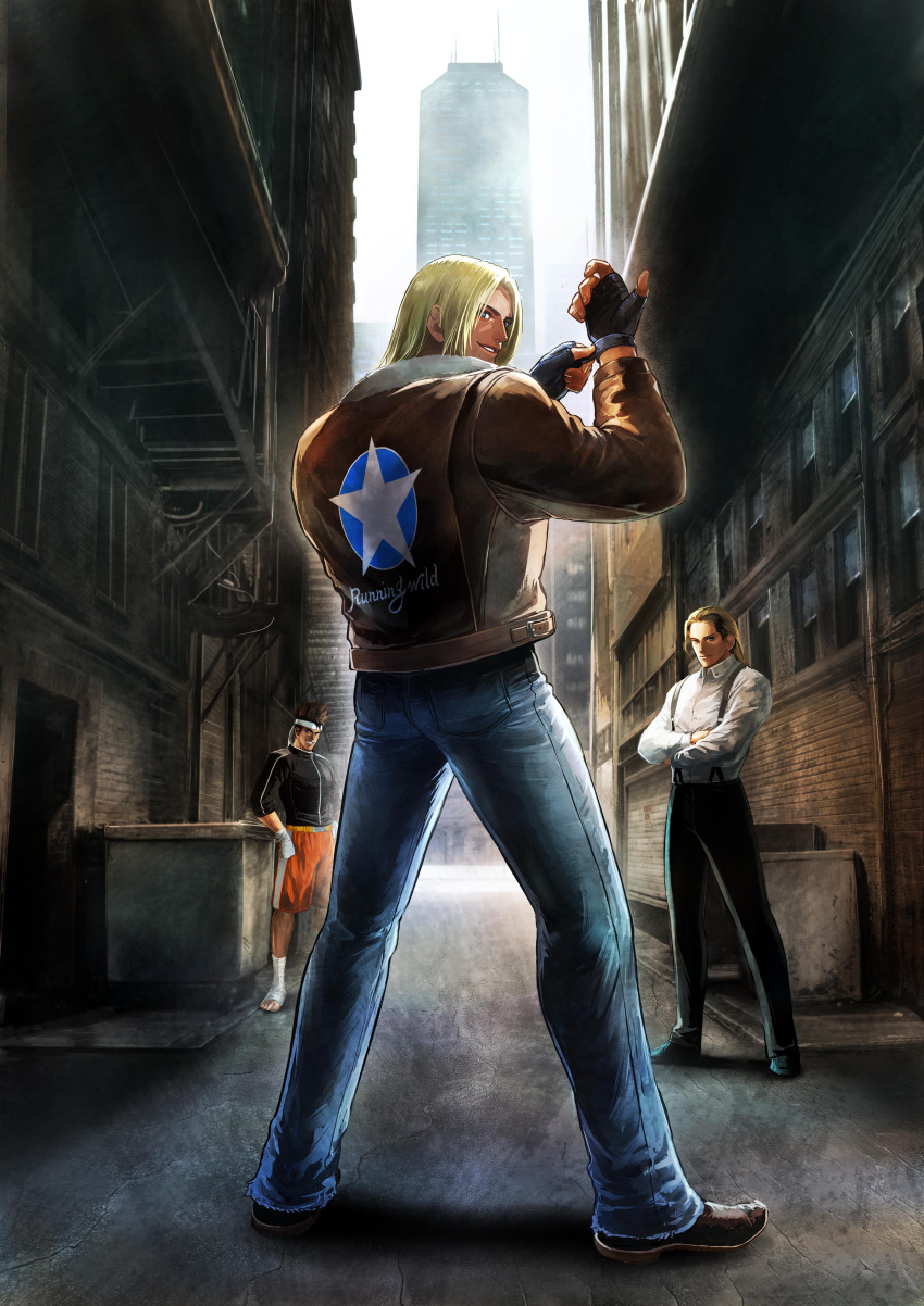 3boys absurdres alley andy_bogard ankle_wrap belt black_pants blonde_hair bomber_jacket boots brothers denim fatal_fury fingerless_gloves garou:_mark_of_the_wolves gloves hair_down hand_wraps headband highres jacket jeans joe_higashi looking_at_viewer looking_back male_focus muay_thai multiple_boys official_art pants senno_aki shirt shorts siblings snk star_(symbol) suspenders terry_bogard white_shirt