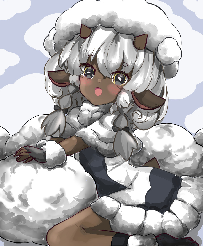 1girl :d absurdres animal_ears braid cafe_berry dark-skinned_female dark_skin grey_hair highres horns long_hair looking_at_viewer personification pokemon sheep_ears sheep_girl sitting smile twin_braids wool wooloo yellow_eyes