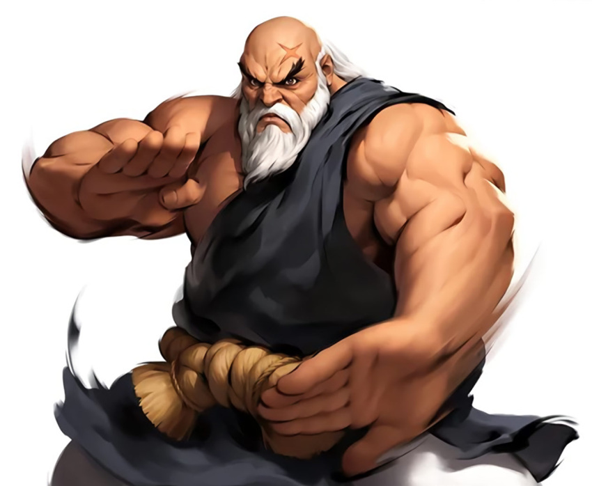 aura bald beard capcom facial_hair gouken muscular muscular_male palm_strike rope_belt scar scar_on_face street_fighter white_hair