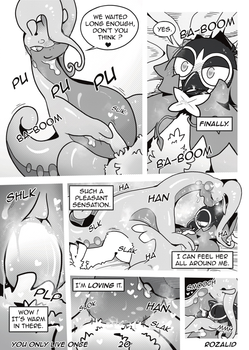 &lt;3 absurd_res ambiguous_fluids anthro avian beak bird blush bodily_fluids bottomwear breath clothing comic decidueye dialogue doujinshi duo english_text enjoying eyes_closed feathers female first_person_view french_kissing generation_6_pokemon generation_7_pokemon genitals glistening glistening_body glistening_genitalia glistening_penis goo_creature goodra hi_res hotpants imminent_sex kissing long_neck looking_at_another looking_at_genitalia looking_at_partner looking_at_penetration looking_pleasured louis_(decidueye) lube lying male male/female manga monochrome mugu_(goodra) nintendo on_back on_top open_mouth overweight overweight_anthro overweight_female panting penetrating_pov penetration penis pokemon pokemon_(species) pussy riding riding_cock rozalid sex shorts slime speech_bubble steam sweat sweatdrop text thought_bubble vaginal vaginal_penetration you_only_live_once