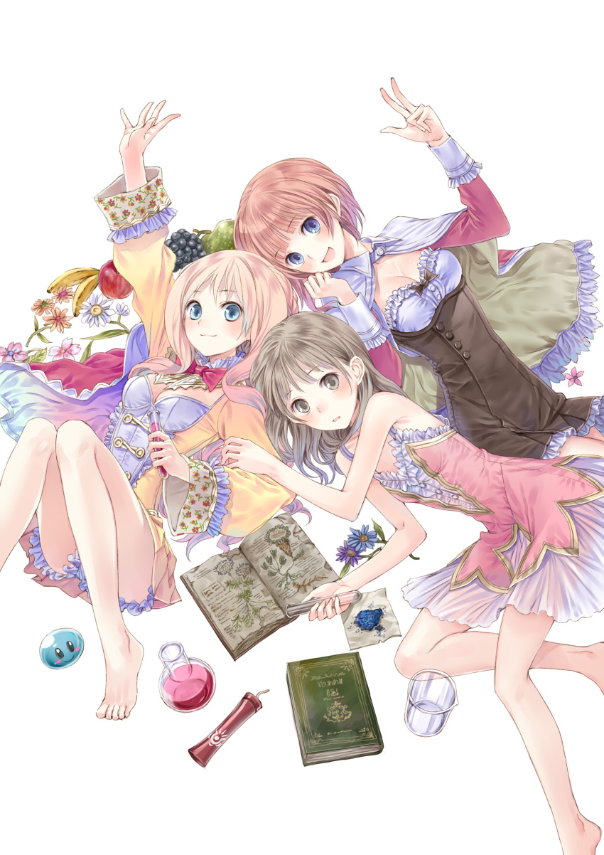 3girls :d absurdres atelier_(series) atelier_meruru atelier_rorona atelier_totori bare_legs bare_shoulders barefoot beaker blonde_hair bloomers blue_eyes blush book bow breasts brown_eyes brown_hair cape cleavage dress flat_chest flower food fruit highres kishida_mel long_hair looking_at_viewer lying medium_breasts merurulince_rede_arls multiple_girls official_art on_back on_side open_mouth outstretched_arm red_bow rororina_fryxell short_dress smile test_tube totooria_helmold underwear