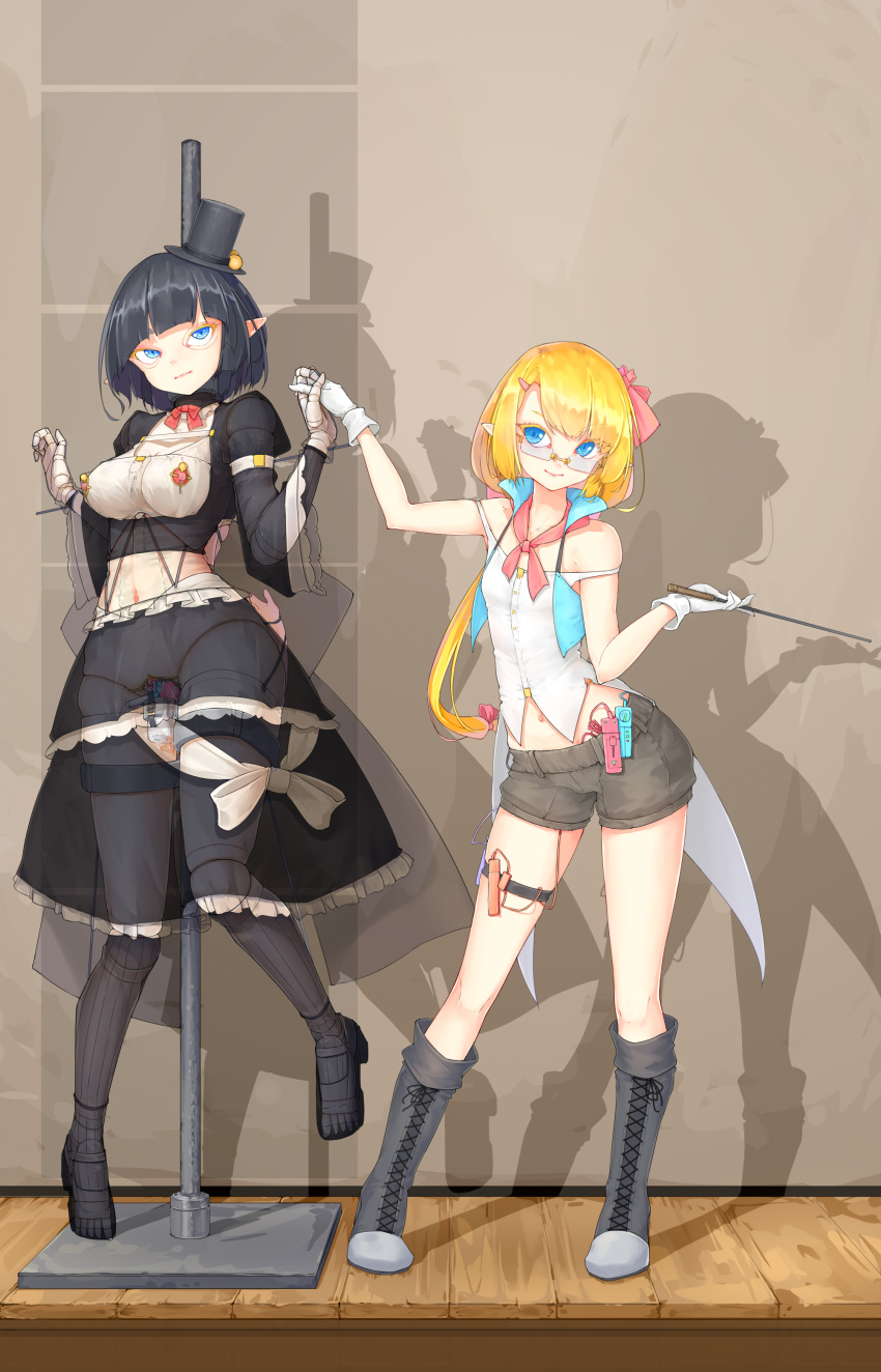 2girls absurdres arms_behind_back back_bow bare_shoulders black_dress black_footwear black_hair blonde_hair blue_eyes boots bow clitoris_piercing covered_nipples doll_joints dress extra_arms frilled_dress frills gloves grey_shorts hair_bow hair_ornament hairclip hat highres holding_hands huge_bow joints kearful knee_boots legs_folded light_smile long_hair mini_hat mini_top_hat multiple_girls nipple_piercing object_insertion original piercing pointer pointy_ears pussy_piercing restrained rimless_eyewear see-through sex_toy shirt short_hair short_shorts shorts stationary_restraints stealth_bondage striped striped_thighhighs thighhighs top_hat urethral_insertion vaginal vaginal_object_insertion vertical-striped_thighhighs vertical_stripes vibrator vibrator_in_thighhighs vibrator_under_clothes white_bow white_gloves white_shirt wide_sleeves wooden_floor