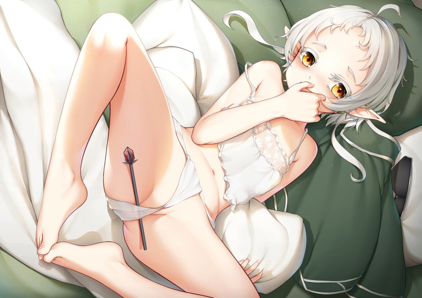 1girl ahoge an-telin barefoot blush breasts cloak elf green_cloak highres looking_at_viewer lying mushoku_tensei navel nose_blush on_back orange_eyes panties pointy_ears sleepwear small_breasts solo spread_legs sylphiette_(mushoku_tensei) underwear wand white_hair white_panties