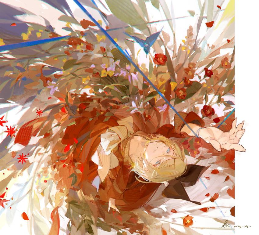 1girl a-shacho animal arm_up autumn_leaves bird black_bow blonde_hair blue_bird blue_eyes bow breasts closed_mouth dancing dated dress entangled fingernails flower from_above hair_between_eyes hair_bow hair_ornament hairclip half-closed_eyes highres iroha_uta_(vocaloid) kagamine_rin light_smile long_sleeves medium_breasts outside_border petals reaching reaching_towards_viewer red_dress red_flower ribbon short_hair signature solo string swept_bangs upside-down vocaloid wrist_ribbon