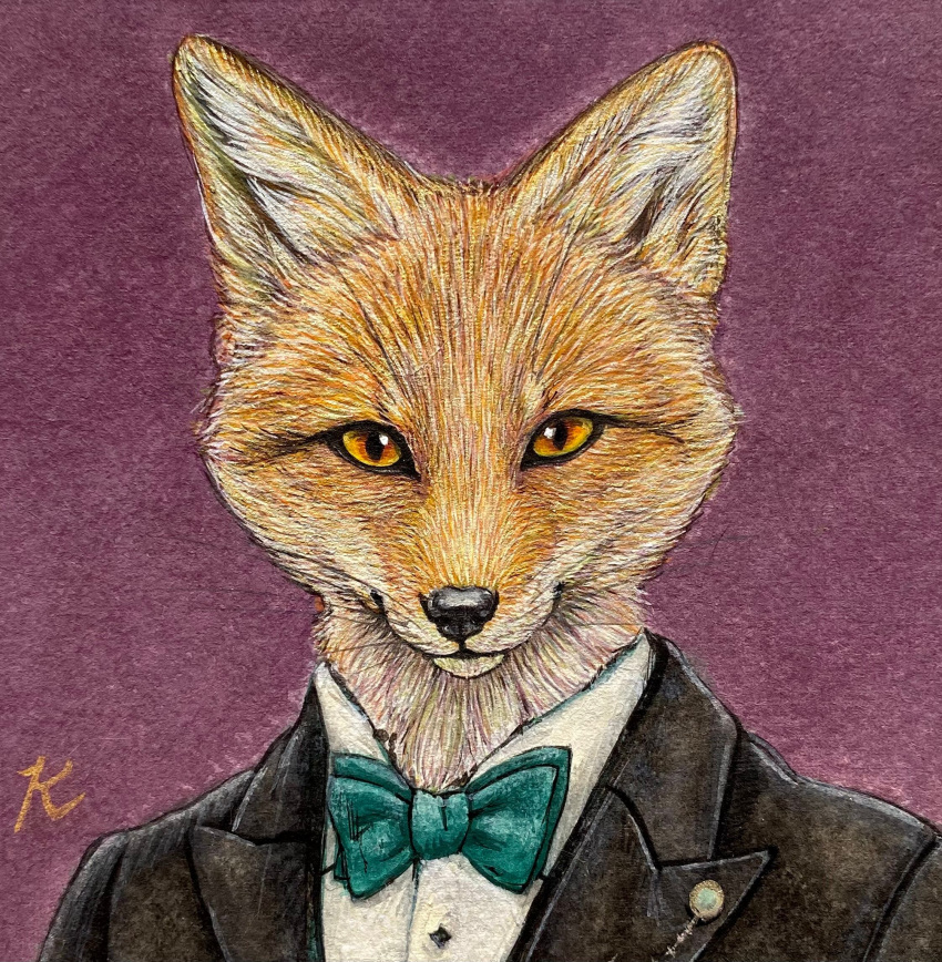 accessory anthro black_nose bow_tie canid canine clothing dipstick_ears formal formal_wear fox fur headshot_portrait hi_res icon male mammal multicolored_ears painting_(artwork) portrait purple_background realistic_fur red_fox simple_background solo suit_jacket traditional_media_(artwork) whiskers white_body white_fur yellow_eyes