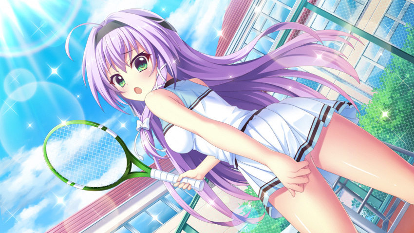 1girl :o ahoge ass ass_peek bare_shoulders black_hairband blue_sky bow building chain-link_fence cloud day dot_nose fence film_grain from_behind from_below game_cg green_eyes hair_bow hair_ribbon hairband hokaze_kanade holding_tennis_racket izumi_tsubasu lens_flare long_hair looking_at_viewer looking_back non-web_source official_art open_mouth outdoors purple_hair re:stage! ribbon skirt skirt_tug sky solo sparkle sportswear sun sunlight tennis_court tennis_uniform thighs tree white_bow white_ribbon white_skirt