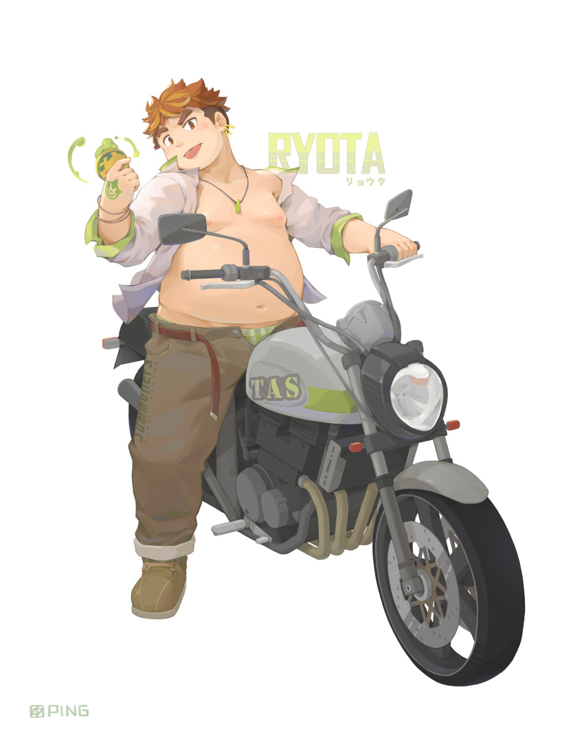 1boy absurdres bara bare_pectorals belly belt big_belly blush bracelet brown_eyes brown_hair brown_pants character_name earrings full_body green_footwear hand_on_handle hand_tattoo highres holding jewelry looking_at_viewer loose_belt male_focus male_underwear male_underwear_peek motor_vehicle motorcycle navel necklace nipples on_motorcycle open_fly pants pectorals plump riding seamonsterping shirt shoes short_hair solo striped_male_underwear tattoo thick_eyebrows tokyo_afterschool_summoners tongue tongue_out unbuttoned unbuttoned_shirt underwear white_background white_shirt yakushimaru_ryota