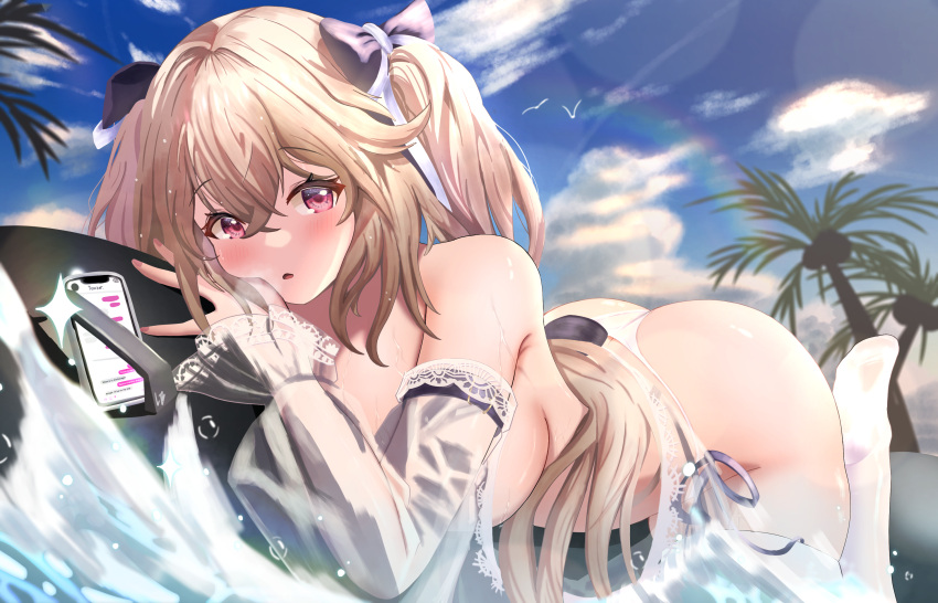 1girl absurdres anchorage_(azur_lane) anchorage_(dolphins_and_swim_lessons)_(azur_lane) ass azur_lane bare_shoulders bikini blush breasts cellphone hair_between_eyes hair_ribbon highres inflatable_orca inflatable_toy large_breasts light_brown_hair long_hair loob looking_at_viewer official_alternate_costume outdoors palm_tree phone ribbon see-through see-through_sleeves smartphone soles surfing swimsuit thighhighs thighs tree twintails very_long_hair white_bikini white_thighhighs