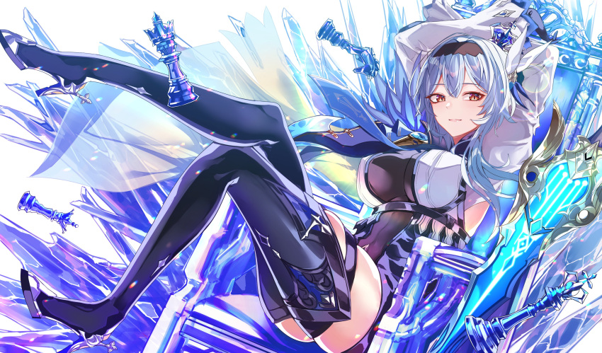 1girl absurdres arms_behind_head black_footwear black_gloves black_hairband blue_hair blue_necktie boots breasts chair chess_piece chest_harness closed_mouth crossed_legs crown eula_(genshin_impact) full_body genshin_impact gloves hair_ornament hairband harness high-waist_shorts high_heel_boots high_heels highres ice_shard king_(chess) knees_up knight_(chess) large_breasts leg_up legs_up looking_at_viewer medium_hair mini_crown necktie on_chair queen_(chess) red_eyes sas_(ls08b) shorts sidelocks sitting solo song_of_broken_pines_(genshin_impact) thigh_boots white_background white_sleeves wide_sleeves