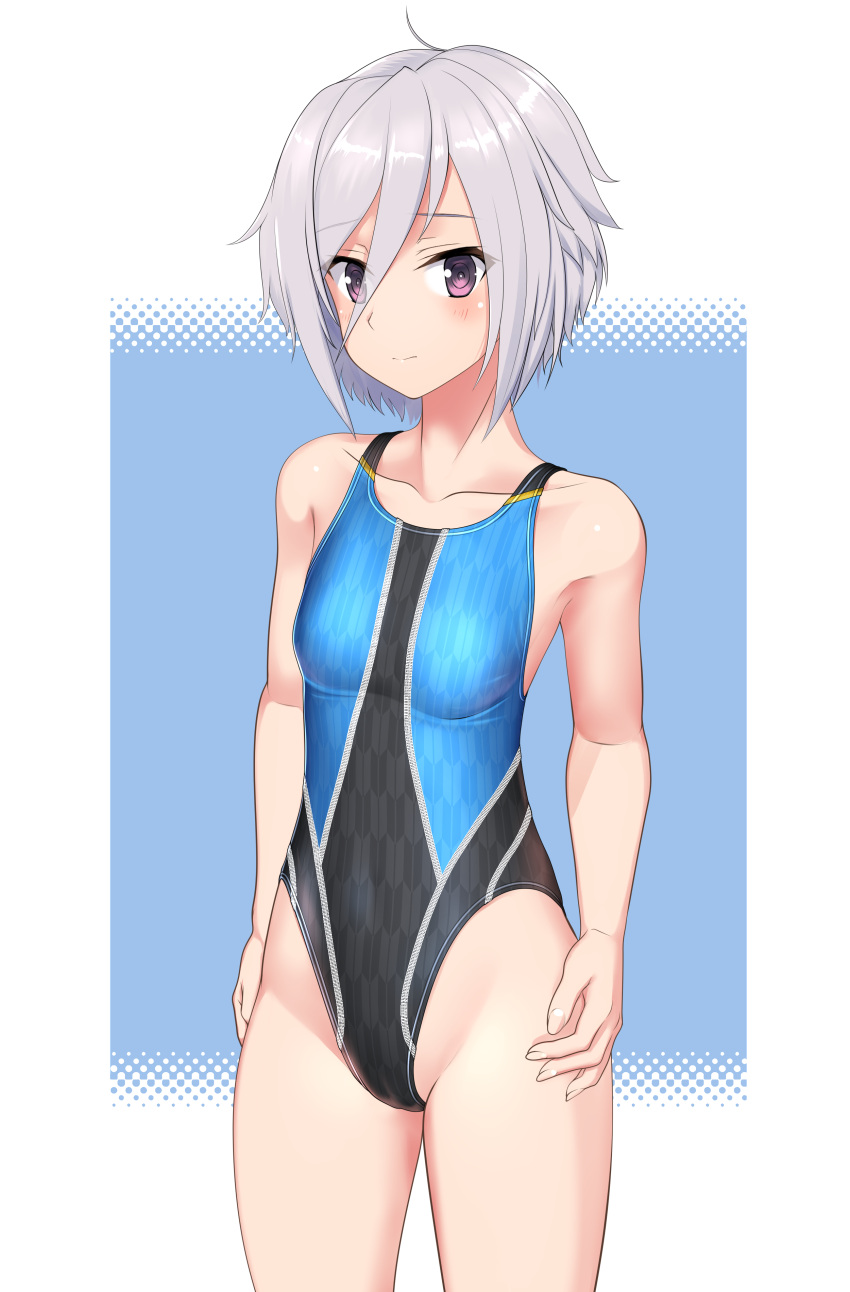 1girl absurdres ahoge black_one-piece_swimsuit blue_background breasts commentary_request competition_swimsuit cowboy_shot grey_hair hair_between_eyes highres itomi_sayaka multicolored_clothes multicolored_swimsuit one-piece_swimsuit purple_eyes short_hair small_breasts solo standing swimsuit takafumi toji_no_miko two-tone_background variant_set yagasuri