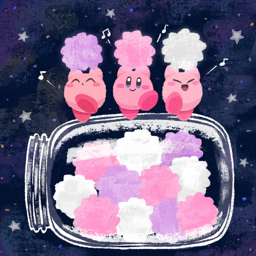 candy closed_eyes closed_mouth food food_focus happy highres holding holding_candy holding_food jar kirby kirby_(series) konpeitou miclot music night night_sky no_humans open_mouth singing sky smile star_(symbol)