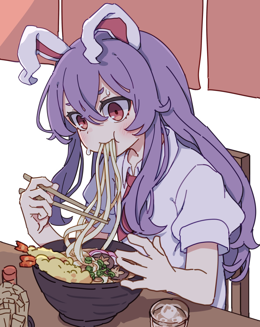 1girl absurdres animal_ears blush chopsticks collared_shirt eating food hair_between_eyes highres holding holding_chopsticks kame_(kamepan44231) long_hair noodles puffy_short_sleeves puffy_sleeves purple_hair rabbit_ears red_eyes reisen_udongein_inaba shirt short_sleeves simple_background sitting solo tempura touhou udon upper_body white_background white_shirt