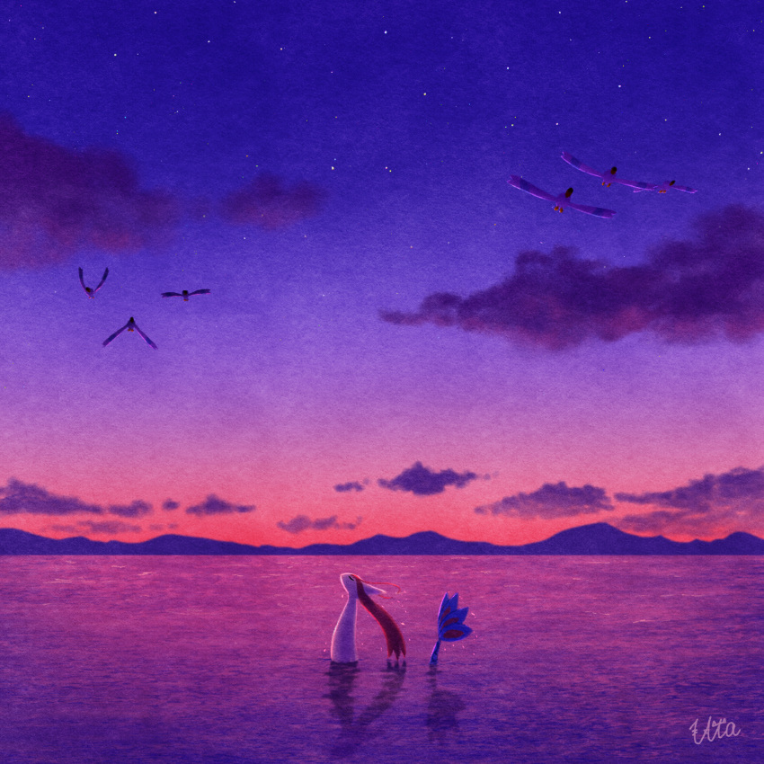 bird closed_eyes cloud commentary_request highres milotic no_humans outdoors pokemon pokemon_(creature) reflection signature sky twilight uta_(pixiv_4699580) water wingull