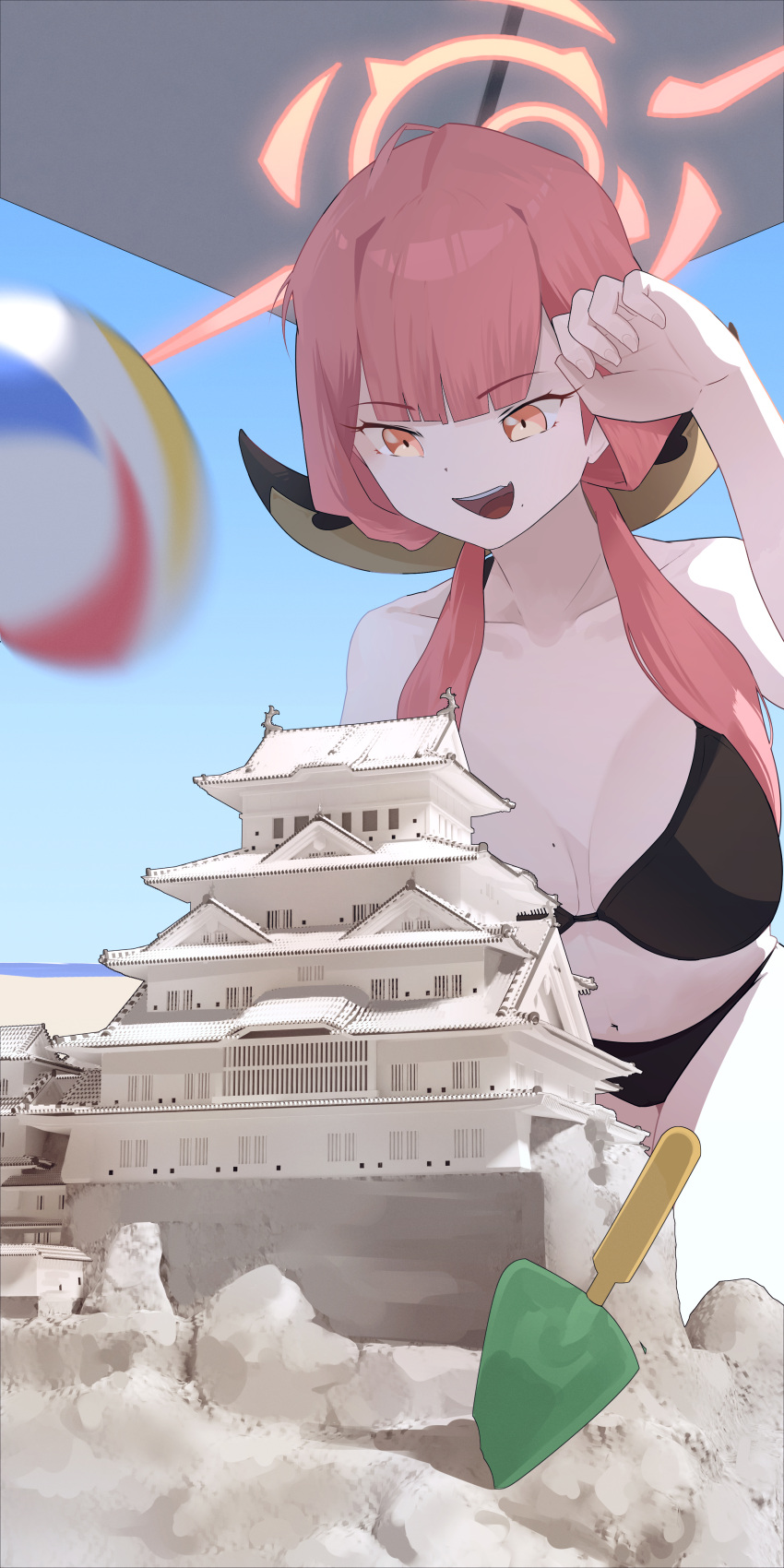 1girl absurdres alternate_costume architecture aru_(blue_archive) ball beach beachball bikini black_bikini blue_archive blue_sky breasts dated_commentary demon_horns east_asian_architecture halo highres horns japanese_castle kneeling mixed-language_commentary mole mole_on_breast mole_under_mouth navel open_mouth orange_eyes orange_hair ryeon_(bluetom1) sand_castle sand_sculpture sky smile solo stomach swimsuit trowel