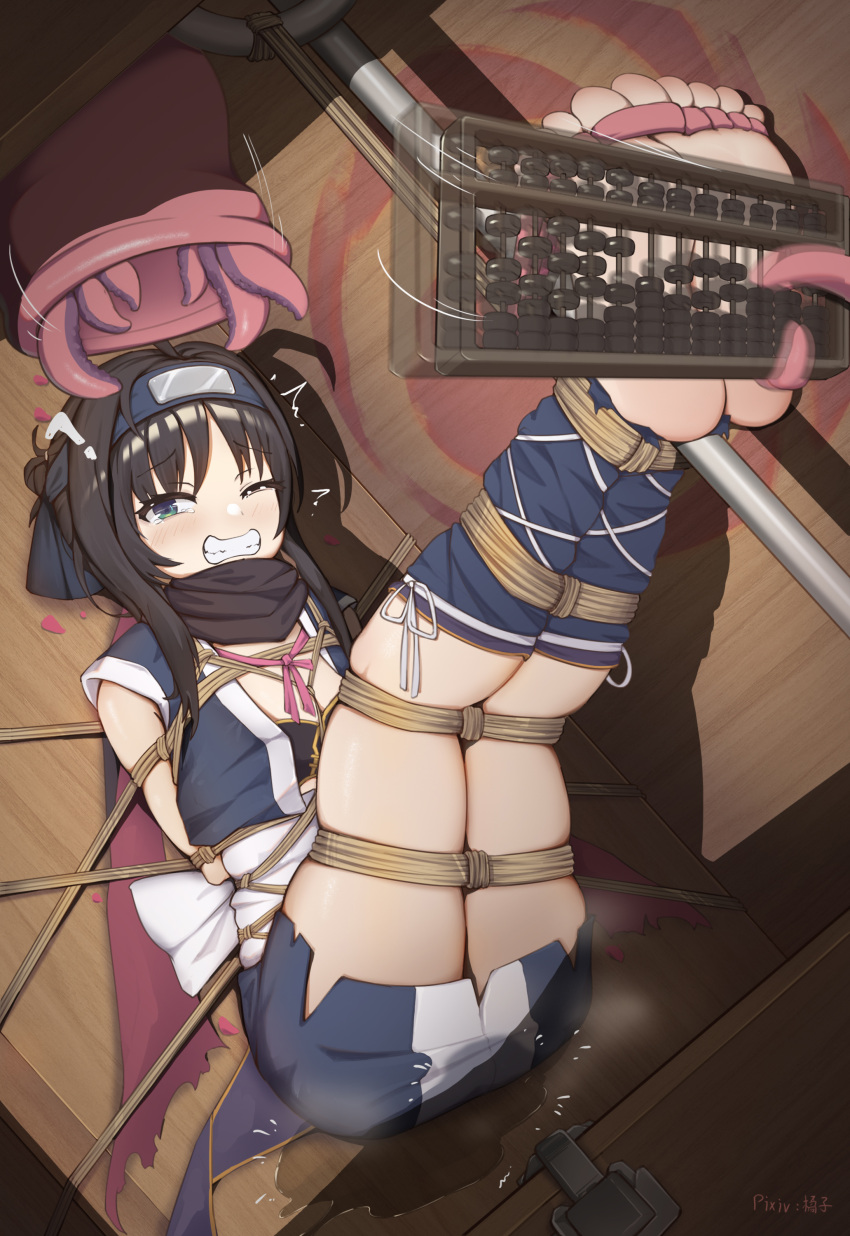 1girl abacus absurdres afterimage ahoge arms_behind_back barefoot black_hair black_scarf blue_eyes blue_headband chinese_commentary clenched_teeth commentary_request foot_tickling full_body half-closed_eye headband highres hitachi_mako imminent_vore kitsuko_(14214373) legs_up lying on_back one_eye_closed paid_reward_available restrained scarf senren_banka shibari soles tearing_up tears teeth tentacles thighs tickling toes trembling variant_set