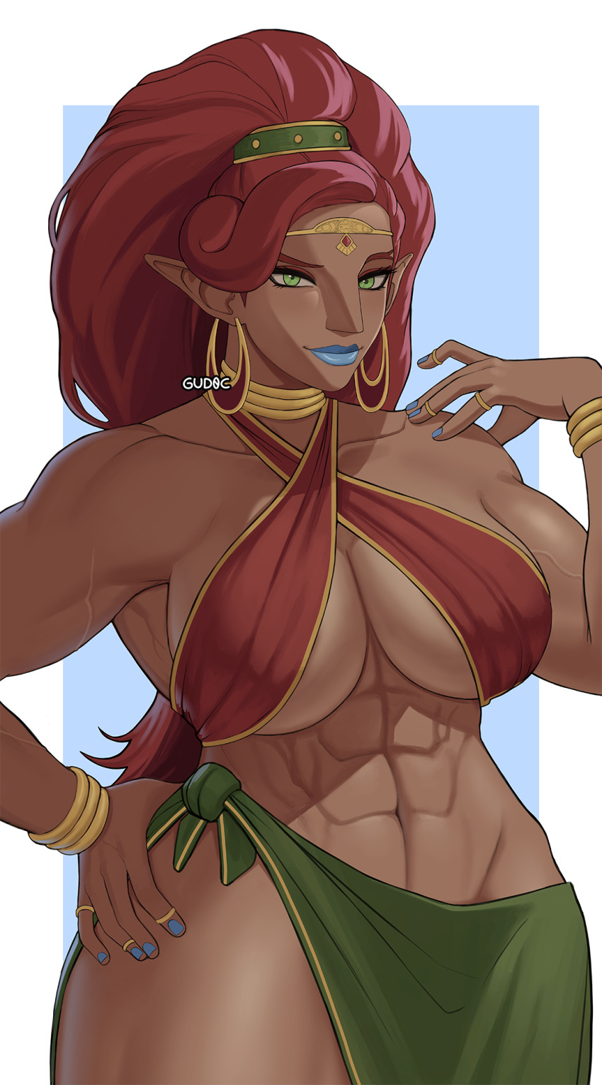 1girl abs artist_name blue_lips blue_nails bracelet breasts dark-skinned_female dark_skin earrings feather_earrings feathers gerudo green_eyes gud0c hand_on_own_hip highres jewelry large_breasts long_hair looking_at_viewer muscular muscular_female nail_polish navel pointy_ears red_hair ring simple_background solo the_legend_of_zelda the_legend_of_zelda:_breath_of_the_wild underboob urbosa watermark
