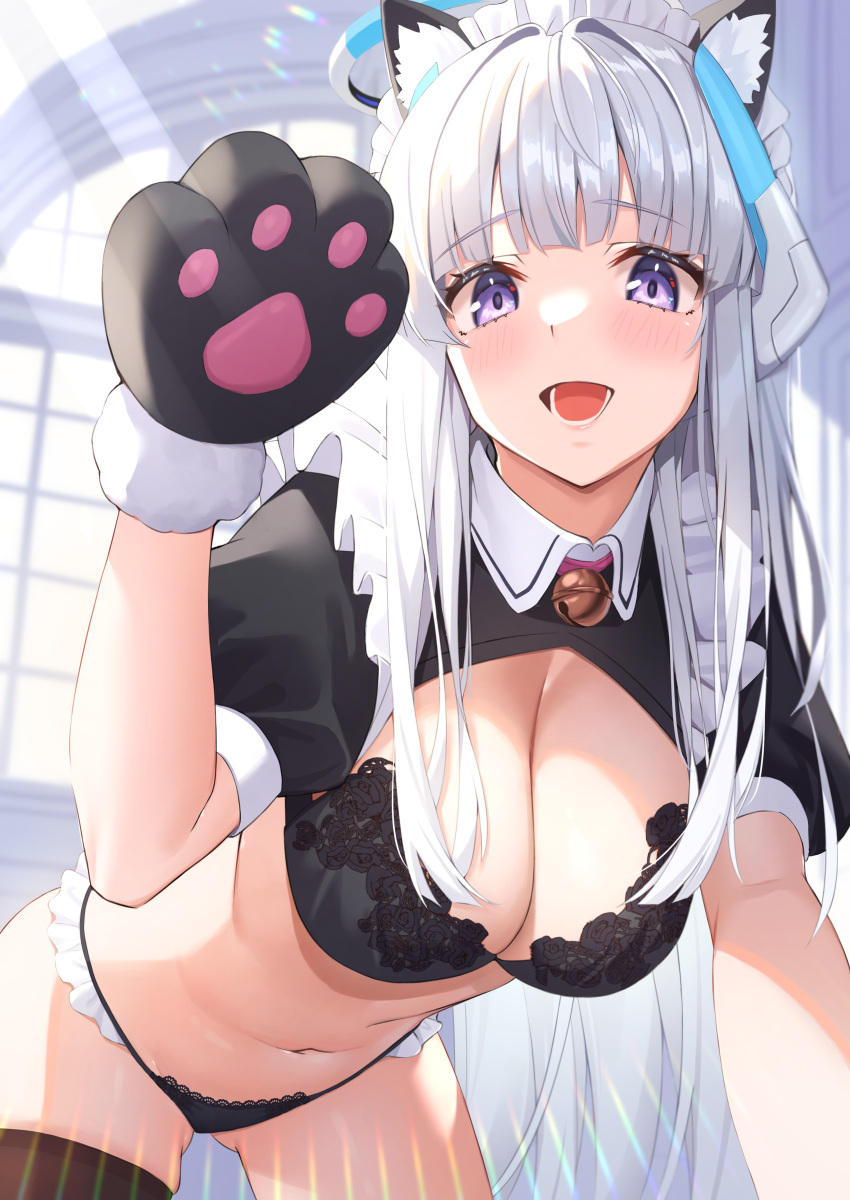 1girl :d absurdres all_fours animal_ears animal_hands ass_visible_through_thighs bell black_bra black_panties blue_archive bra breasts brown_thighhighs cat_ears cleavage commentary frilled_panties frills gloves halo hand_up headgear highres jingle_bell kemonomimi_mode lace-trimmed_bra lace-trimmed_panties lace_trim looking_at_viewer maid_headdress mutenka_(plfgb) navel noa_(blue_archive) open_mouth panties paw_gloves purple_eyes short_sleeves shrug_(clothing) skindentation smile solo stomach string_panties thighhighs thighs underwear white_hair wing_collar