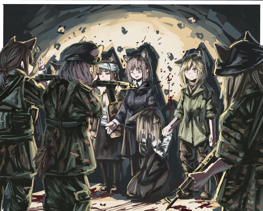6+girls absurdres aiming ak-47 animal_ear_fluff animal_ears assault_rifle bandages bandana blonde_hair blood blood_on_ground boots brown_eyes brown_hair bullet_hole cat_ears cat_tail dark diu9you ear_down frown gun hand_on_another's_shoulder hands_up highres injury kalashnikov_rifle kneeling military multiple_girls original pink_hair rifle sad scared skirt sobbing soldier tail weapon