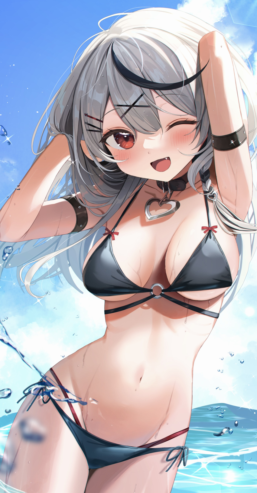 1girl aamana0 absurdres arm_strap arms_up belt_collar bikini black_bikini black_collar black_hair blue_sky blush breasts cloud collar commentary_request cowboy_shot fang grey_hair hair_ornament hairclip highres hololive long_hair looking_at_viewer medium_breasts multicolored_hair ocean one_eye_closed open_mouth red_eyes sakamata_chloe sky solo standing streaked_hair swimsuit virtual_youtuber x_hair_ornament