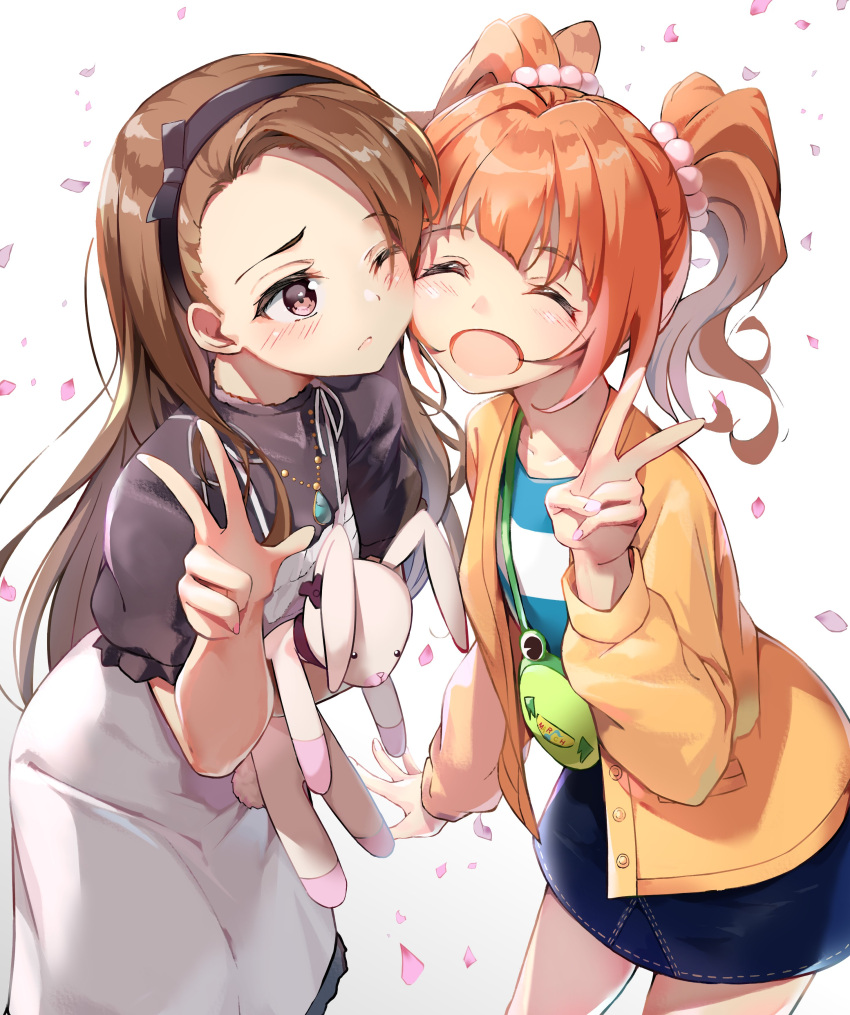 2girls ^_^ absurdres blush brown_hair cardigan cheek-to-cheek cherry_blossoms closed_eyes dress falling_petals fanny_pack forehead heads_together highres idolmaster idolmaster_(classic) idolmaster_million_live! leaning_forward looking_at_another minase_iori multiple_girls orange_hair petals pinafore_dress shiroyu simple_background smile straight_hair stuffed_animal stuffed_rabbit stuffed_toy takatsuki_yayoi twintails v w white_background yellow_cardigan