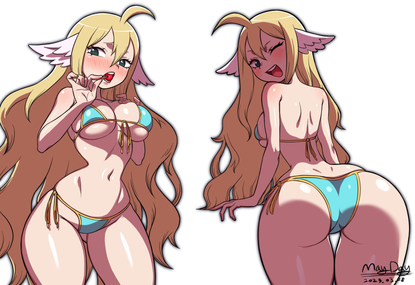 1girl ;d absurdres ahoge ass ass_visible_through_thighs back bikini blonde_hair blue_bikini blush breasts fairy_tail from_behind green_eyes hair_between_eyes head_wings highres large_breasts long_hair mavis_vermilion maydaykiki multiple_views navel one_eye_closed open_mouth simple_background smile swimsuit very_long_hair white_background wide_hips