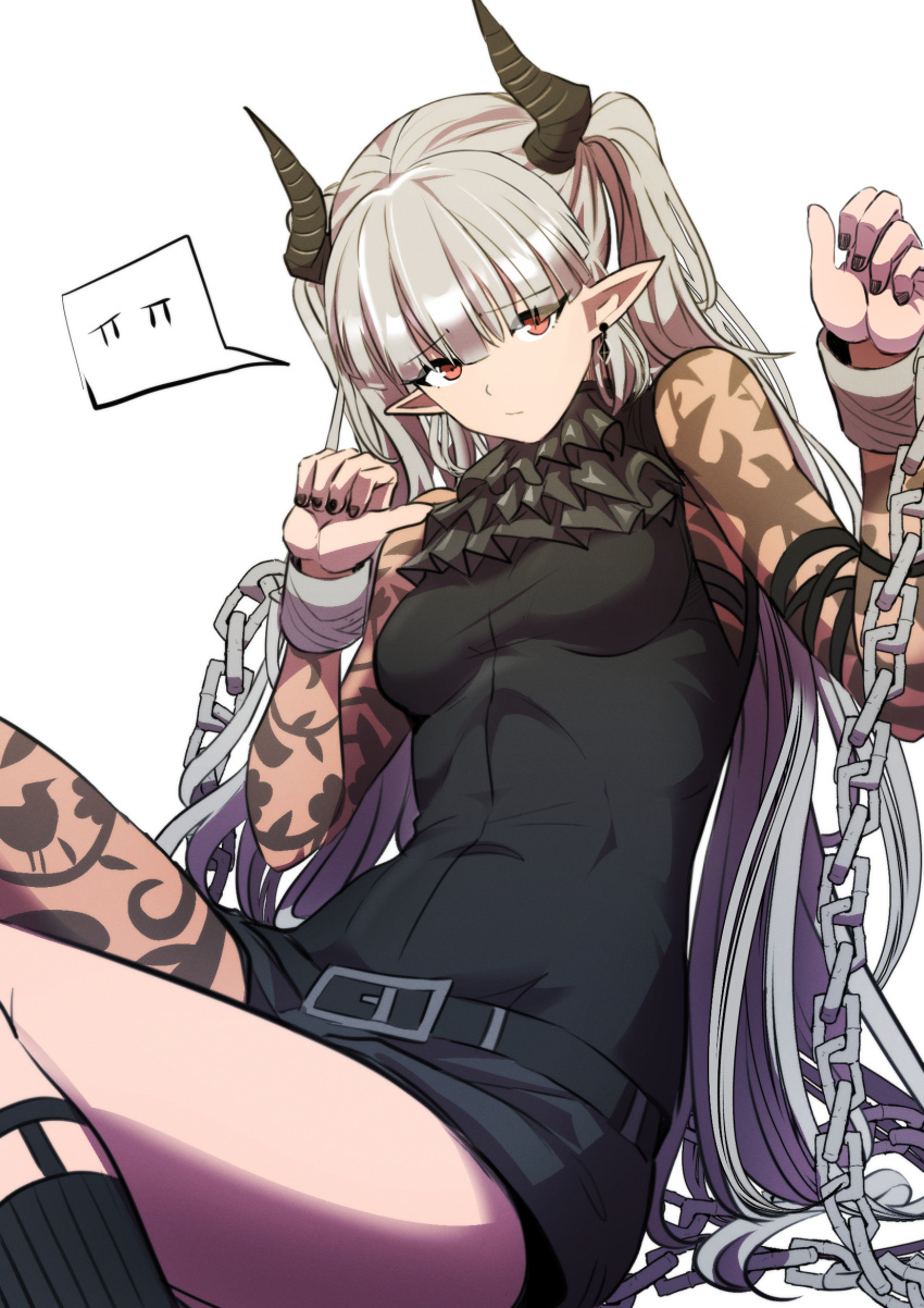 1girl adapted_costume arknights ascot belt black_ascot black_belt black_nails black_shirt black_shorts black_socks breasts chain chained_sarkaz_girl closed_mouth commentary cuffs demon_horns earrings feet_out_of_frame furrowed_brow grey_hair highres horns jewelry long_hair looking_at_viewer medium_breasts nail_polish orange_eyes pointy_ears ribbed_legwear sad samacho see-through see-through_sleeves shackles shirt short_shorts shorts simple_background single_leg_pantyhose sitting socks solo spoken_expression taut_clothes taut_shirt twintails very_long_hair white_background