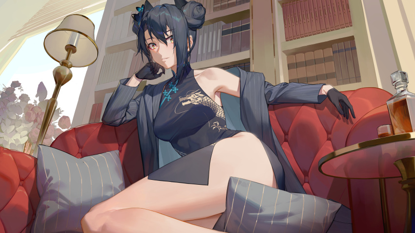 1girl absurdres agent_(girls'_frontline) black_gloves black_hair blue_archive book bookshelf bottle breasts butterfly_hair_ornament china_dress chinese_clothes commission cosplay couch double_bun dragon_print dress girls'_frontline gloves hair_bun hair_ornament highres indoors jacket kisaki_(blue_archive) kisaki_(blue_archive)_(cosplay) lamp looking_at_viewer medium_breasts on_couch pelvic_curtain pillow pinstripe_jacket pinstripe_pattern pixiv_commission print_dress ren_huozhe sangvis_ferri solo striped striped_jacket table vertical-striped_jacket vertical_stripes yellow_eyes