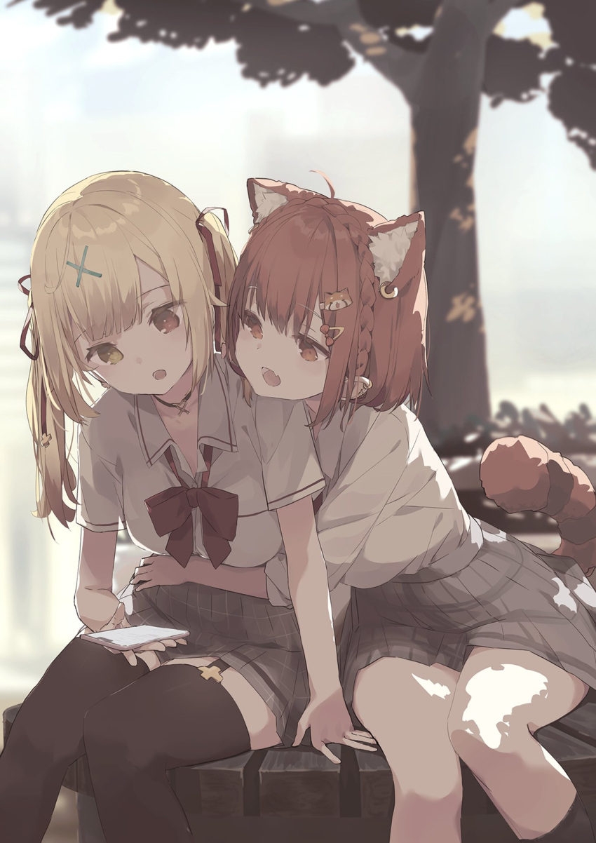 2girls ahoge animal_ear_fluff animal_ears blonde_hair bow braid brown_eyes cellphone collared_shirt day fang grey_skirt hair_ornament hair_ribbon heterochromia highres hoshikawa_sara multiple_girls nijisanji open_mouth outdoors phone pleated_skirt ratna_petit rb2 red_bow red_eyes red_hair ribbon school_uniform shirt short_sleeves sitting skirt socks tail thighhighs tree twintails white_shirt x_hair_ornament