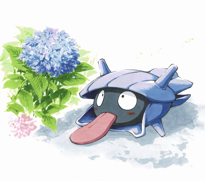 black_eyes blue_flower dew_drop flower highres matra_usagi no_humans pokemon pokemon_(creature) shellder tongue tongue_out water_drop