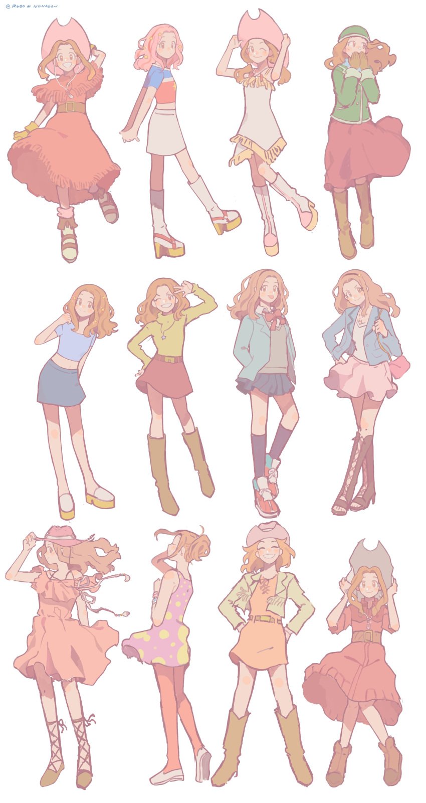 absurdres blue_skirt boots brown_eyes brown_footwear brown_hair digimon digimon_adventure dress happy highres long_hair looking_at_viewer pink_headwear red_skirt robo_nonagon simple_background skirt tachikawa_mimi variations white_background white_skirt yellow_dress