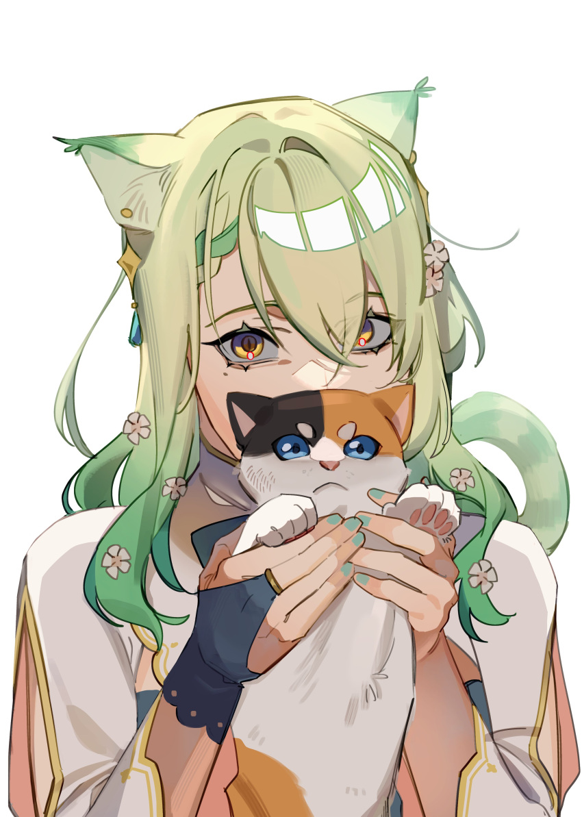 1girl absurdres amos animal animal_ears braid braided_bangs branch cat cat_ears cat_girl ceres_fauna ceres_fauna_(1st_costume) colored_tips dress earrings flower gloves green_hair green_nails hair_flower hair_ornament highres holding holding_animal hololive hololive_english jewelry long_hair looking_at_viewer mole mole_under_eye multicolored_hair nail_polish partially_fingerless_gloves simple_background single_braid streaked_hair virtual_youtuber white_background white_dress yellow_eyes