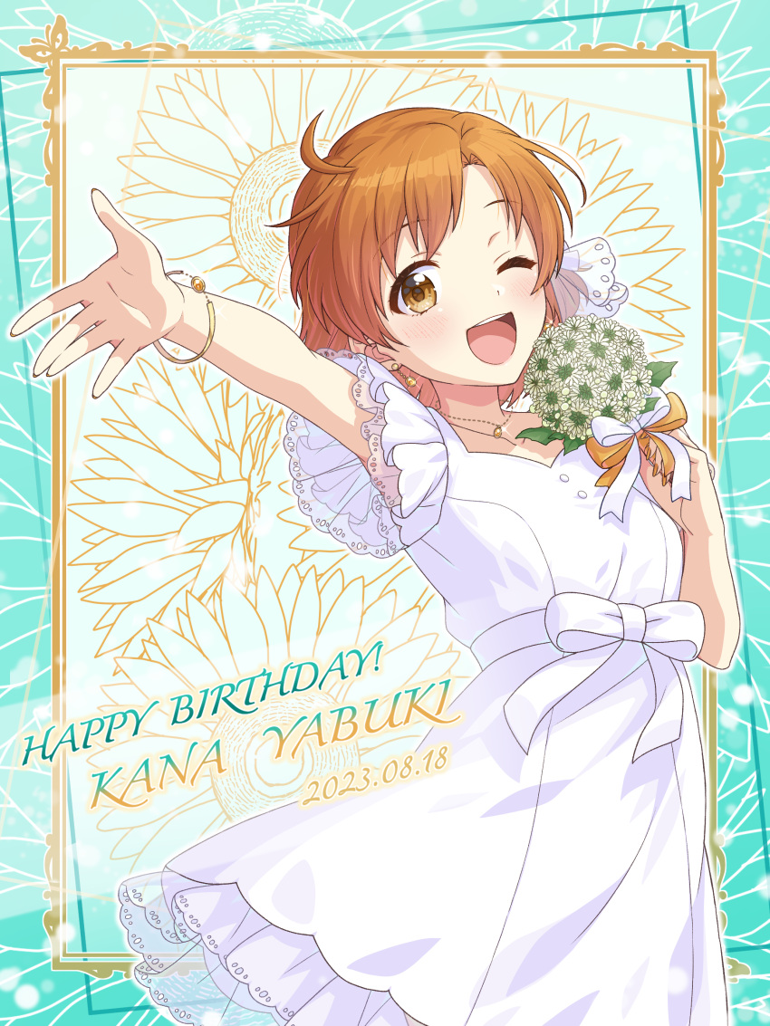 1girl 2023 ;d absurdres bouquet bow bracelet brown_eyes brown_hair character_name collarbone dated dress earrings framed happy_birthday highres holding holding_bouquet idolmaster idolmaster_million_live! idolmaster_million_live!_theater_days jewelry necklace one_eye_closed open_mouth orange_bow outline outstretched_arm shiro_(ongrokm) short_hair smile solo sparkle standing white_bow white_dress yabuki_kana yellow_bow