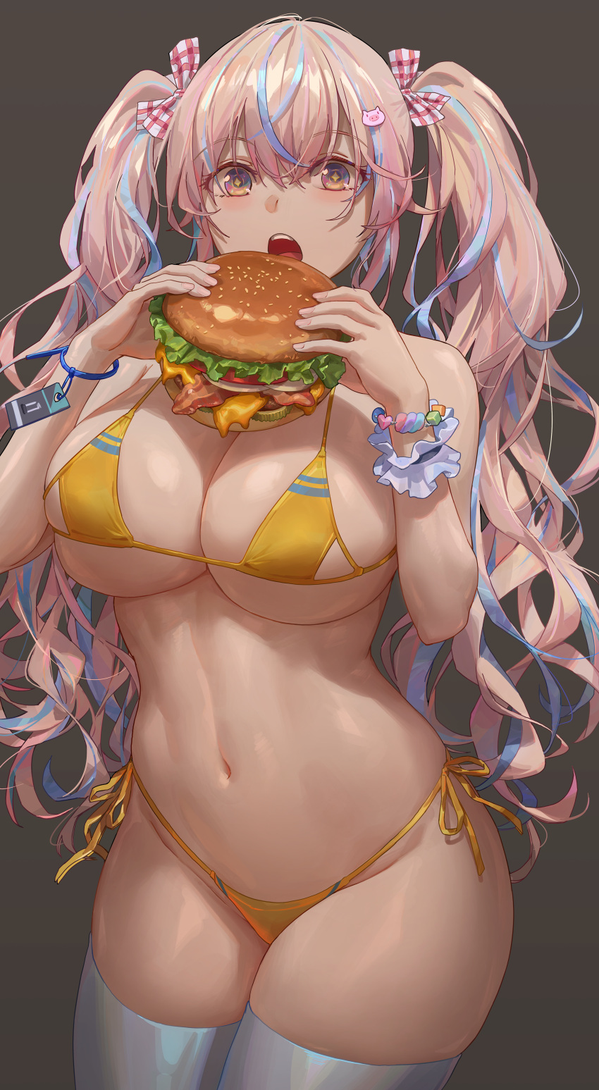 1girl absurdres bare_shoulders bead_bracelet beads bikini blonde_hair blue_hair blush bracelet breasts burger cleavage diamond-shaped_pupils diamond_(shape) eating food free_style_(yohan1754) grey_eyes highleg highleg_bikini highres jewelry large_breasts light_blue_hair long_hair looking_at_viewer multicolored_hair navel open_mouth original pig_hair_ornament sidelocks solo stomach streaked_hair swimsuit symbol-shaped_pupils thighhighs thighs twintails wavy_hair white_thighhighs yellow_bikini
