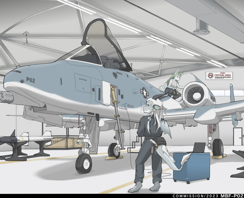 2023 3_toes 4_fingers a-10 aircraft ammunition anthro barefoot blue_eyes canid canine canis clothed clothing computer crate dragon drill duo earmuffs engine english_text feet female fingers green_eyes green_hair grey_body hair hammer hangar hanger hi_res hybrid inside laptop looking_back maintenance mammal mbf-p02 missile number number_print screwdriver standing tail tail_tuft text toes tools tuft weapon wheel white_hair wings wolf