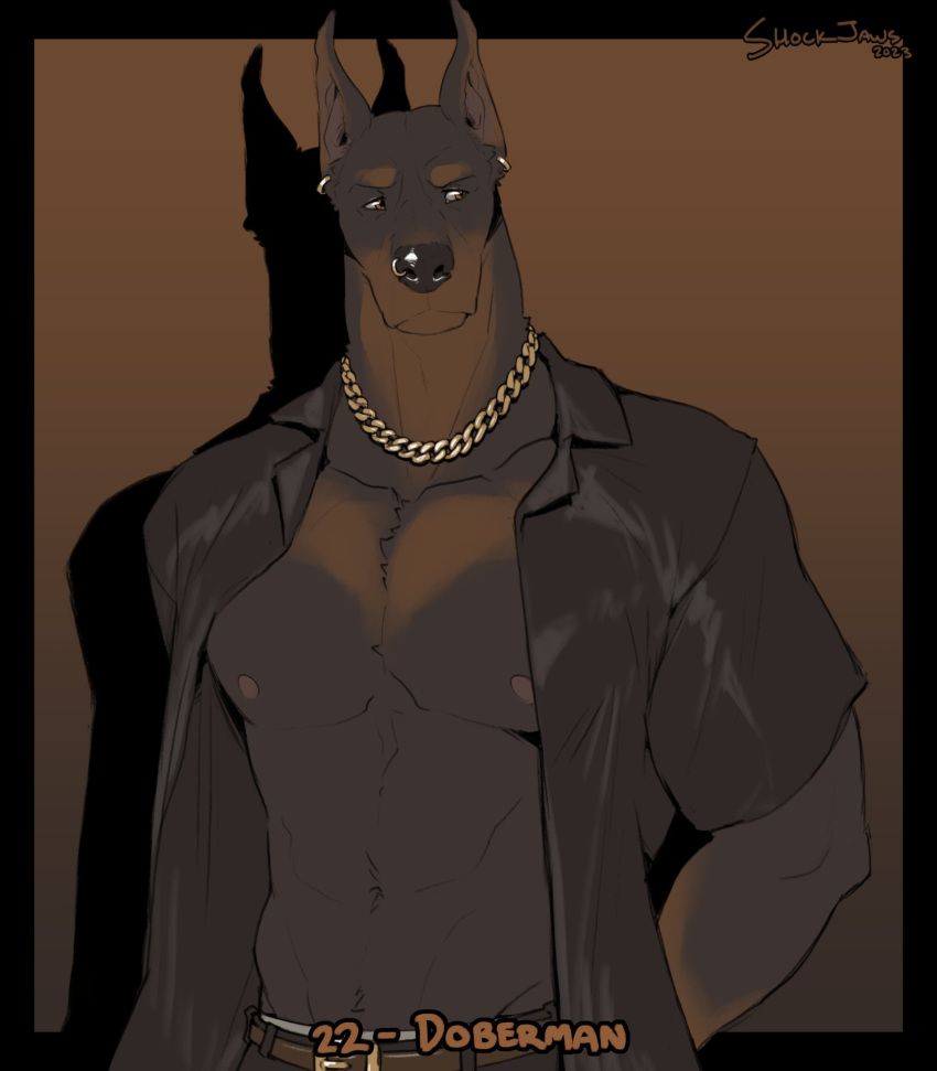 2023 abs anthro beard belt biceps bottomwear brown_body brown_fur canid canine canis clothed clothing digital_drawing_(artwork) digital_media_(artwork) dobermann domestic_dog ear_piercing ear_ring facial_hair facial_piercing fully_clothed fur hi_res jewelry male mammal muscular muscular_anthro muscular_male navel necklace nipples nose_piercing nose_ring nostril_ring open_clothing open_shirt open_topwear pants pecs piercing pinscher pose ring_piercing shirt solo timdoodles topwear underwear were werecanid werecanine weredog