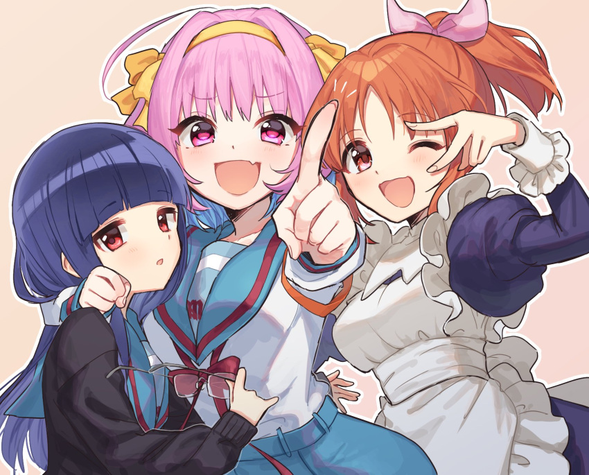 3girls :d ;d abe_nana ahoge alternate_costume apron armband asahina_mikuru black_cardigan blue_hair blue_serafuku blue_skirt blunt_bangs blush bow brown_background brown_eyes brown_hair cardigan collarbone cosplay dot_nose dress euphoniummatsu fang hair_bow hair_intakes hair_ribbon hand_on_another's_back hand_on_another's_head highres holding holding_eyewear idolmaster idolmaster_cinderella_girls idolmaster_cinderella_girls_starlight_stage idolmaster_cinderella_girls_u149 index_finger_raised long_hair long_sleeves looking_at_viewer maid_apron multicolored_hair multiple_girls nagato_yuki one_eye_closed open_mouth pink_eyes pink_hair pink_ribbon pleated_skirt ponytail puffy_sleeves purple_dress red_eyes red_ribbon ribbon sailor_collar sajo_yukimi school_uniform serafuku short_hair simple_background skirt smile standing suzumiya_haruhi suzumiya_haruhi_no_yuuutsu two-tone_hair v waist_bow yellow_ribbon yumemi_riamu