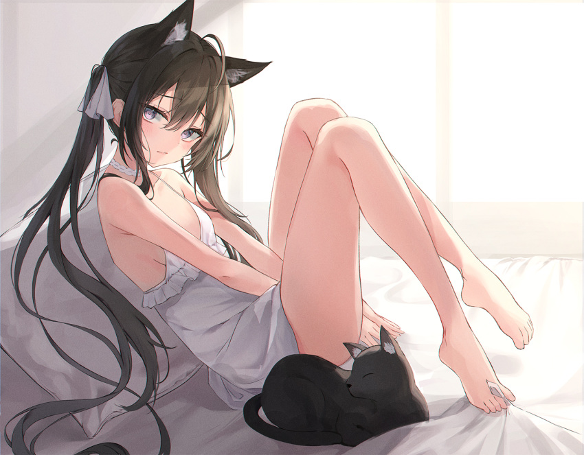 1girl animal animal_ears bare_arms bare_legs bare_shoulders barefoot bed_sheet between_legs black_cat black_hair breasts cat cat_ears chemise choker closed_mouth extra_ears feet frills from_side hair_ribbon hand_between_legs knees_up lkeris long_hair looking_at_viewer on_bed original pillow purple_eyes ribbon sitting sleeveless small_breasts solo spaghetti_strap thighs toes twintails very_long_hair white_choker