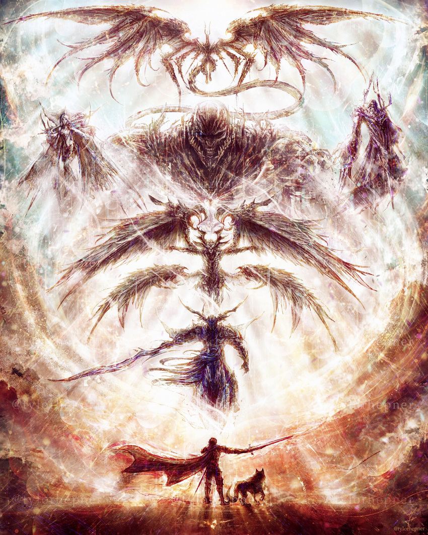 1boy absurdres bahamut_(final_fantasy) cape claws clive_rosfield dragon dragon_wings final_fantasy final_fantasy_xvi garuda grey_wolf highres monster odin_(final_fantasy) ramuh shiva_(final_fantasy) summoning sword titan_(final_fantasy) torgal_(ff16) tylor_hepner weapon wings wolf