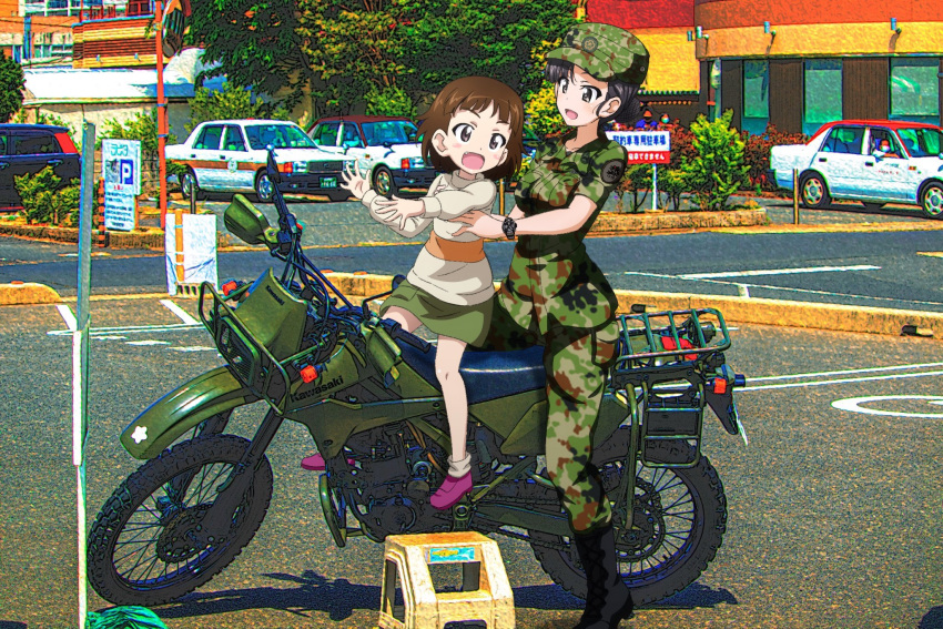 2girls black_hair blush breasts brown_hair fang girls_und_panzer hair_bun hat highres key_(gaigaigai123) large_breasts military_hat military_uniform motor_vehicle motorcycle multiple_girls nishi_kinuyo open_mouth outdoors short_hair single_hair_bun smile uniform