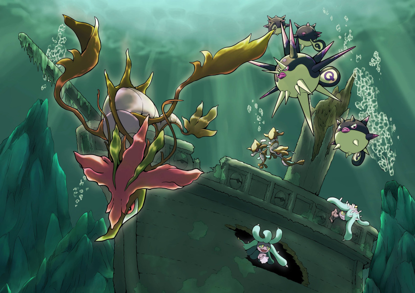 absurdres air_bubble black_eyes blue_eyes bubble colored_sclera dragalge highres hisuian_qwilfish mareanie no_humans pokemon pokemon_(creature) q-chan red_sclera scenery shipwreck skrelp swimming underwater