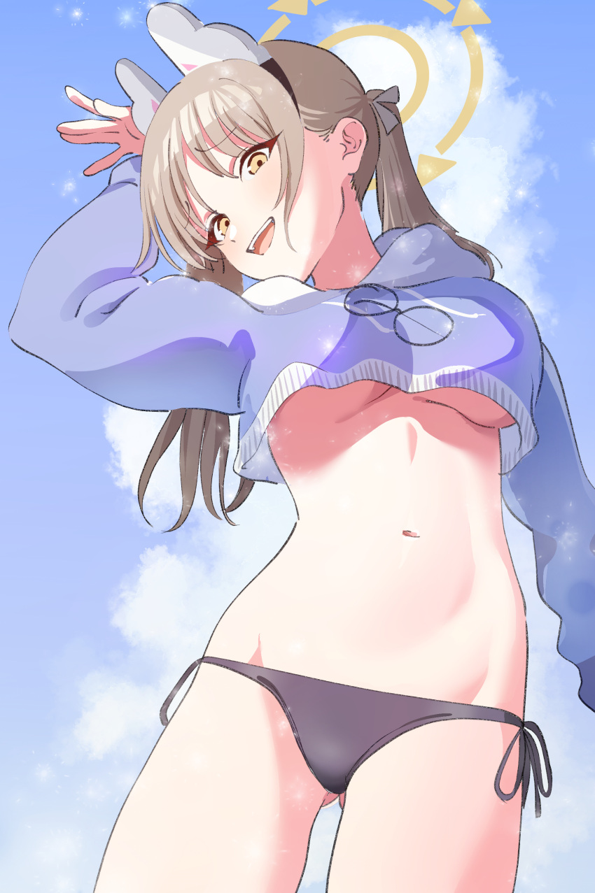 1girl absurdres animal_ears bazz000033 bikini black_bikini_bottom blue_archive blue_hoodie blue_sky breasts cloud cropped_hoodie fake_animal_ears halo highres hood hoodie large_breasts light_brown_hair long_hair looking_at_viewer moe_(blue_archive) moe_(swimsuit)_(blue_archive) navel official_alternate_costume open_mouth rabbit_ears side-tie_bikini_bottom sky smile solo stomach swimsuit twintails yellow_eyes