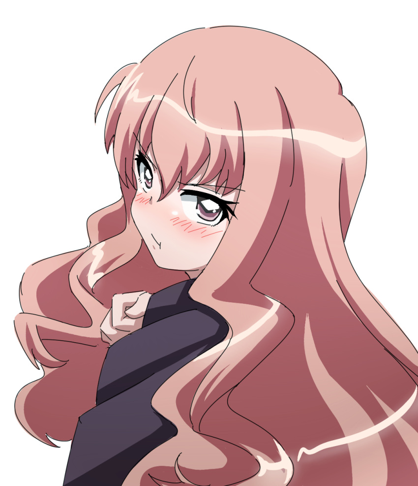 1girl :t blush brown_eyes commentary_request from_behind hair_between_eyes hand_up highres kuro_kosyou long_hair looking_at_viewer looking_back louise_francoise_le_blanc_de_la_valliere pink_hair pout simple_background solo v-shaped_eyebrows white_background zero_no_tsukaima