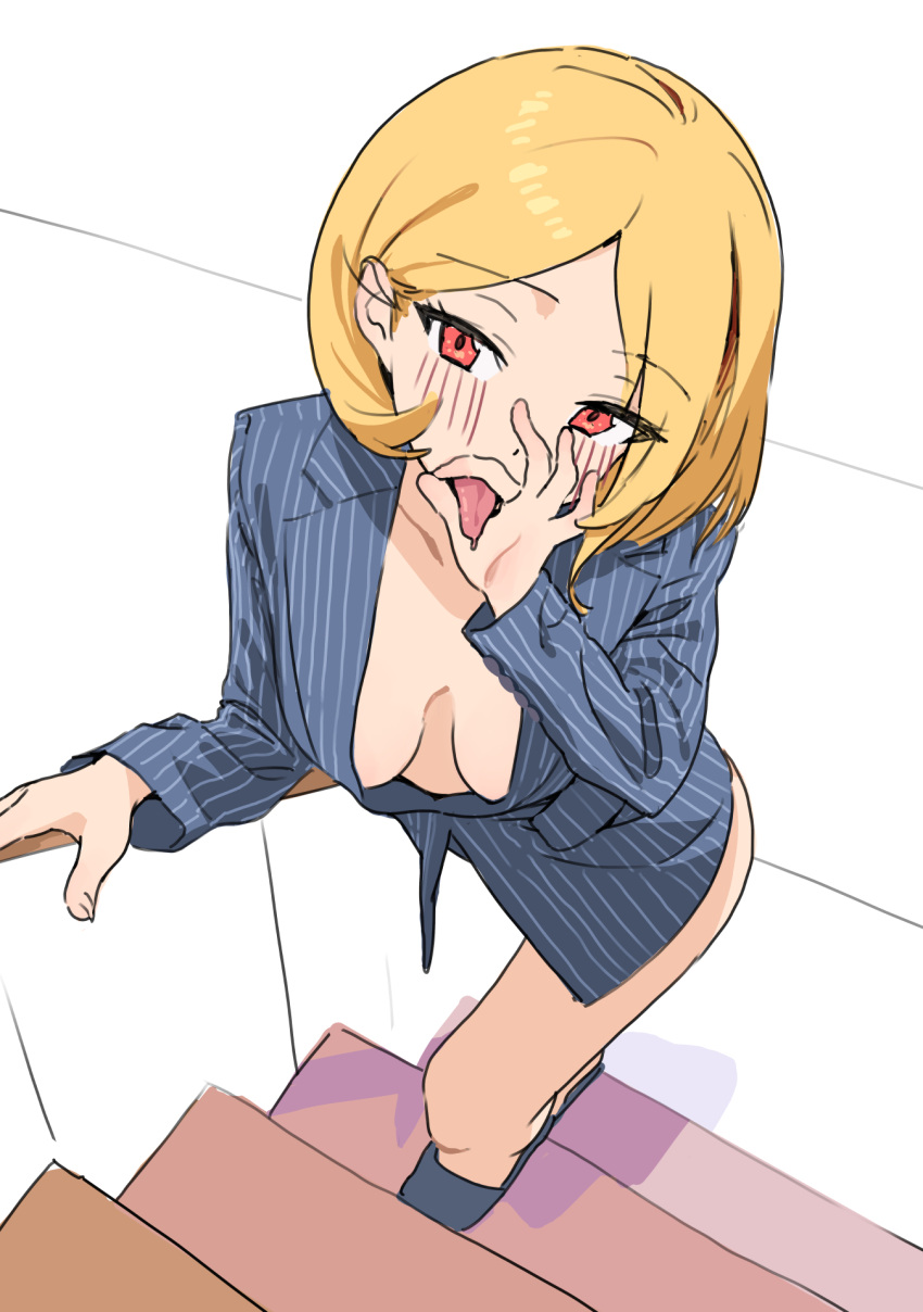 1girl blonde_hair blue_jacket blush breasts breasts_apart collarbone eyelashes fellatio_gesture highres indoors jacket medium_breasts medium_hair no_bra no_pants no_shirt original parted_bangs red_eyes sekoshi_(some1else45) shadow sidelocks simple_background sketch slippers solo some1else45 stairs striped striped_jacket swept_bangs tongue tongue_out white_background