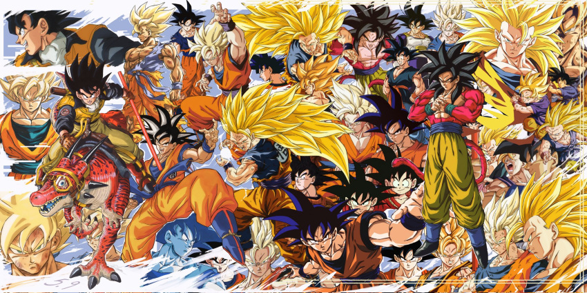 biceps black_eyes black_hair blonde_hair blue_eyes blue_sash body_fur bruise bruise_on_face catdestroyer closed_mouth dark-skinned_male dark_skin dougi dragon_ball dragon_ball_gt dragon_ball_z highres injury long_hair looking_at_viewer male_focus monkey_boy monkey_tail multiple_boys multiple_persona muscular muscular_child muscular_male no_eyebrows no_nipples open_mouth pants pectorals red_fur ruyi_jingu_bang saiyan saiyan_armor sash shirt smile smirk son_goku spiked_hair standing super_saiyan super_saiyan_1 super_saiyan_2 super_saiyan_3 super_saiyan_4 tail tan yellow_pants