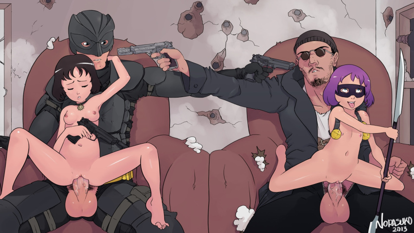 2boys 2girls age_difference ahegao arm_up artist_name barefoot beanie beard big_daddy_(kick-ass) blue_eyes breasts bullet_hole choker clenched_hand closed_eyes clothed_male_nude_female crossover dated domino_mask explosive eyeroll facial_hair father_and_daughter feet flat_chest grenade gun handgun hat hetero hit-girl jewelry kick-ass leon_(leon_the_professional) leon_the_professional leone_montana lips looking_at_another looking_down mask mathilda_lando multiple_boys multiple_girls multiple_penises navel necklace nipples norasuko nude open_mouth parted_lips penis purple_hair pussy pussy_juice rolling_eyes sex short_hair sitting small_breasts spread_legs sunglasses testicles tongue tongue_out vaginal weapon