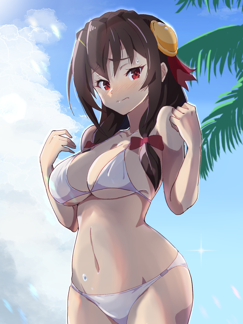 1girl bikini black_hair blue_sky breasts cleavage cloud commentary_request cowboy_shot hair_ornament highres kono_subarashii_sekai_ni_shukufuku_wo! large_breasts long_hair looking_at_viewer noyama_takenoko palm_leaf red_eyes sky solo swimsuit white_bikini yunyun_(konosuba)