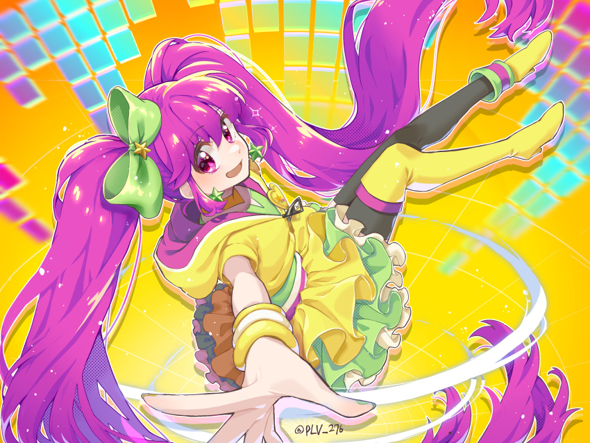 1girl absurdly_long_hair aino_megumi asymmetrical_footwear black_thighhighs boots bow cure_lovely cure_lovely_(lollipop_hip_hop) earrings floating_hair green_bow green_nails green_skirt hair_bow hair_ornament happinesscharge_precure! highres hood hood_down hooded_sweater jewelry layered_skirt long_hair looking_at_viewer looking_to_the_side miniskirt multicolored_clothes multicolored_skirt nail_polish open_mouth outstretched_arm plv_276 precure purple_hair red_eyes skirt solo star_(symbol) star_earrings star_hair_ornament sweater thigh_boots thighhighs twintails very_long_hair white_skirt wristband yellow_footwear yellow_skirt yellow_sweater
